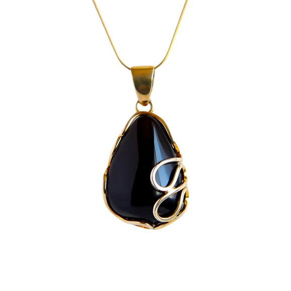 Baltic Black Amber Pendant Necklace in 14k Gold Plated s925 - Picture 1 of 7